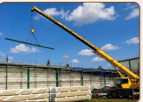 Crane lifting a steel roof beam into place at Cargill Ghana