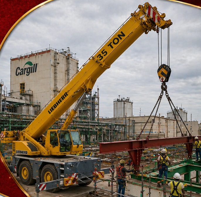 35-ton Liebherr crane lifting a steel beam at Cargill Ghana