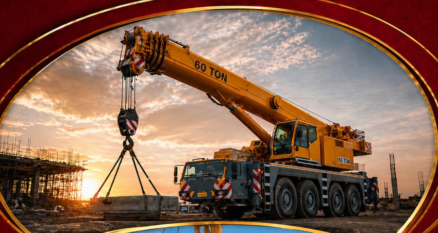 60-ton crane lifting at sunset on a construction site