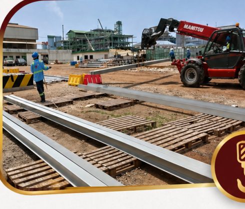 Manitou telehandler moving steel rails on site