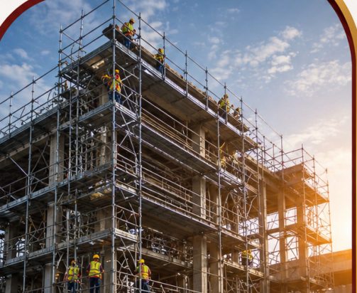 Steel scaffolding crew at work on a building