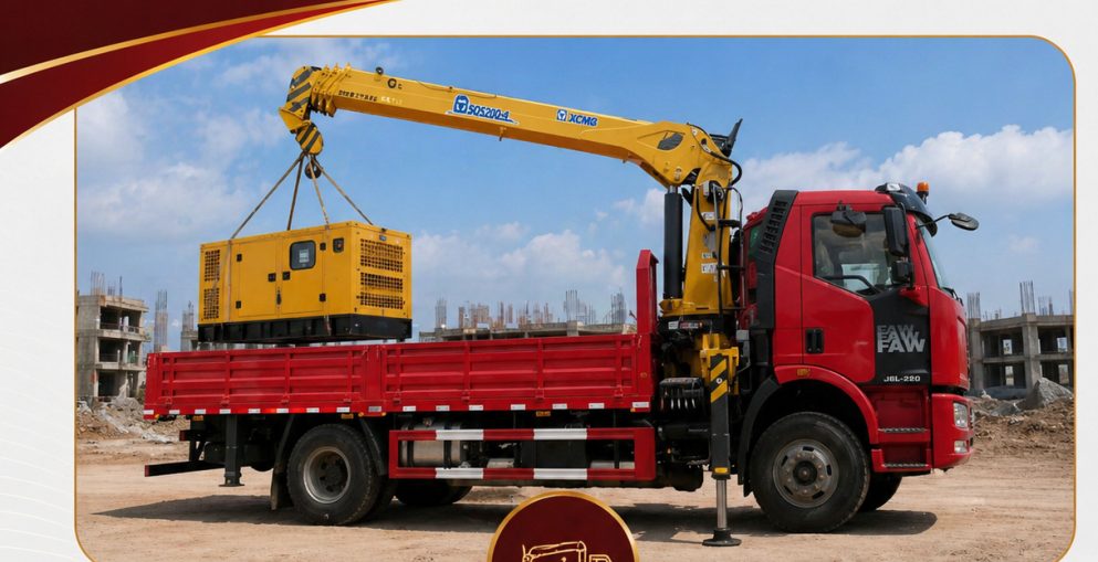 Truck-mounted crane lifting a generator